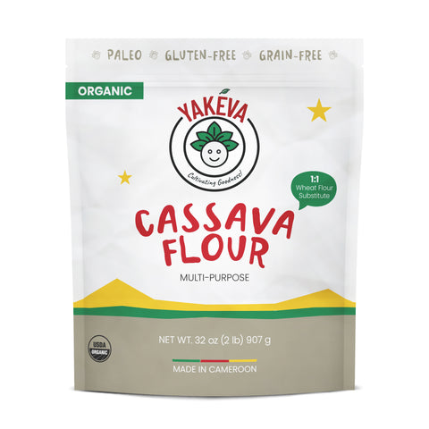 Bag of organic cassava flour, a gluten-free, grain-free, sustainably grown cassava roots in Cameroon,